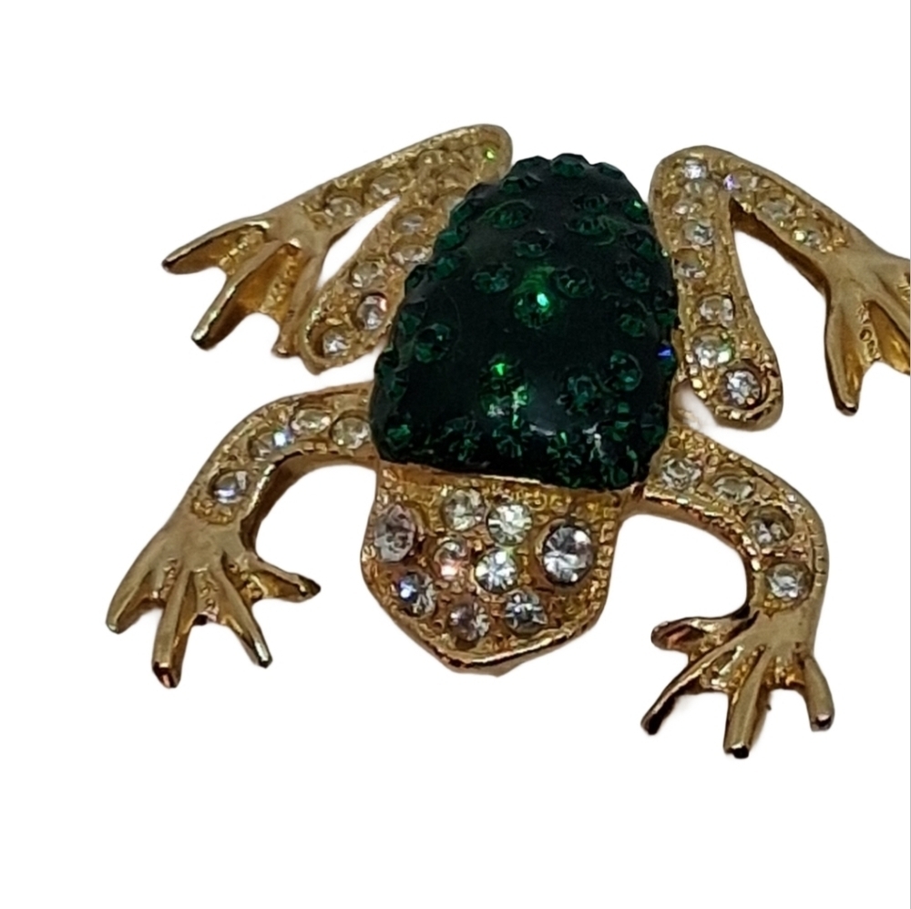 Vintage ROMAN Signed Gold Tone Emerald Green Rhinestone Frog Brooch Pin